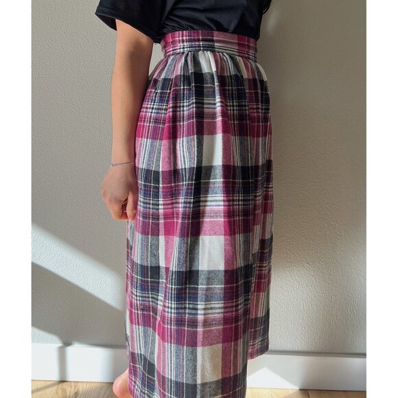 vtg‎ 80s citysquare wool plaid school skirt pink black white midi small retro - Picture 6 of 8
